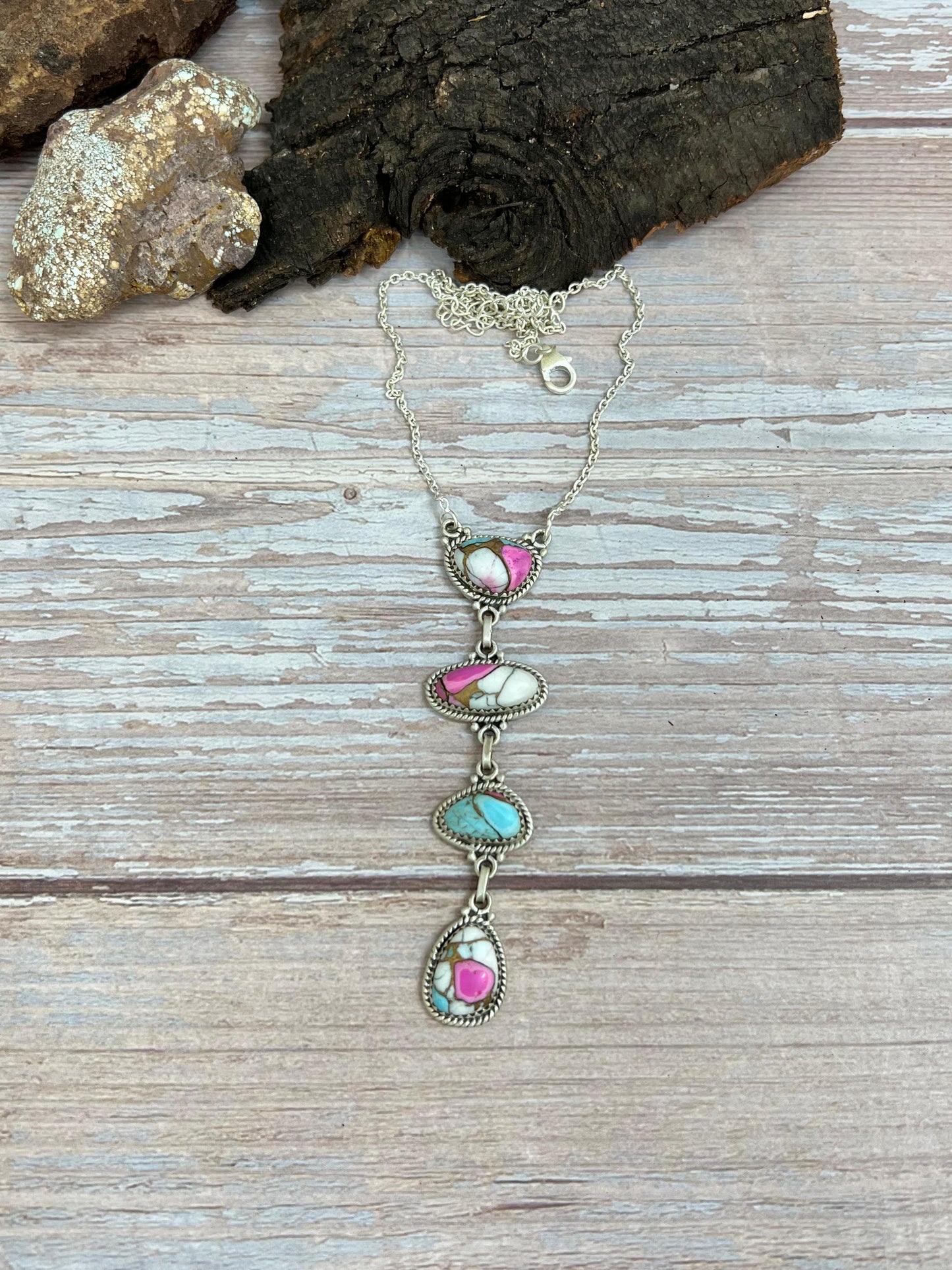 Handmade Sterling Silver Cotton Candy Turquoise Necklace with Signed Nizhoni
