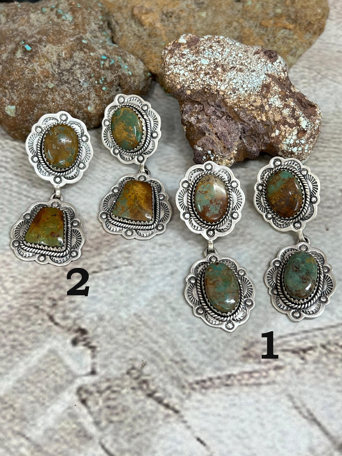 Handmade Sterling Silver Old Stock Royston Turquoise Post Dangle Earrings with Signed Nizhoni