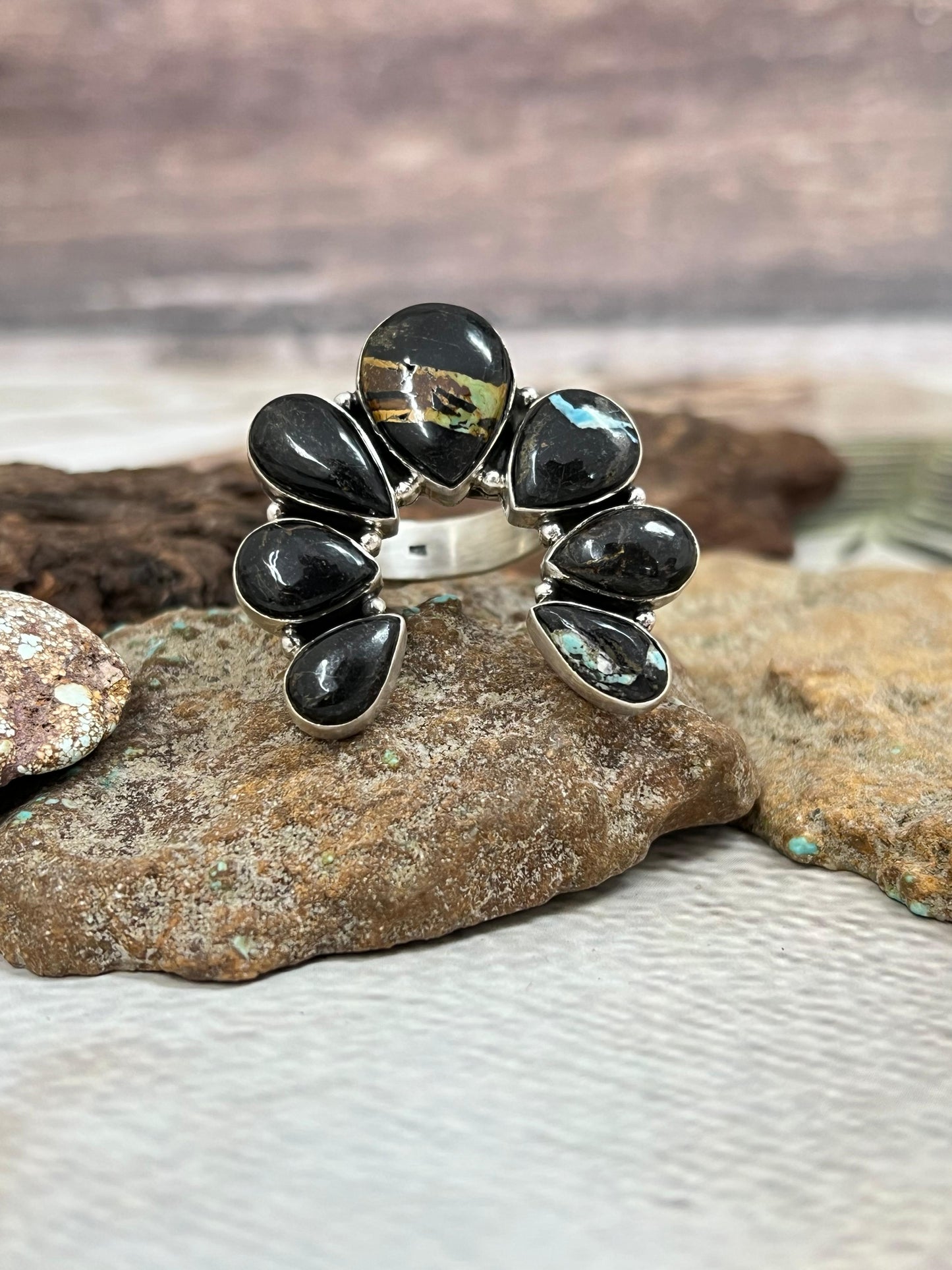 Handmade Sterling Silver Blackjack Turquoise Adjustable Ring Signed Nizhoni