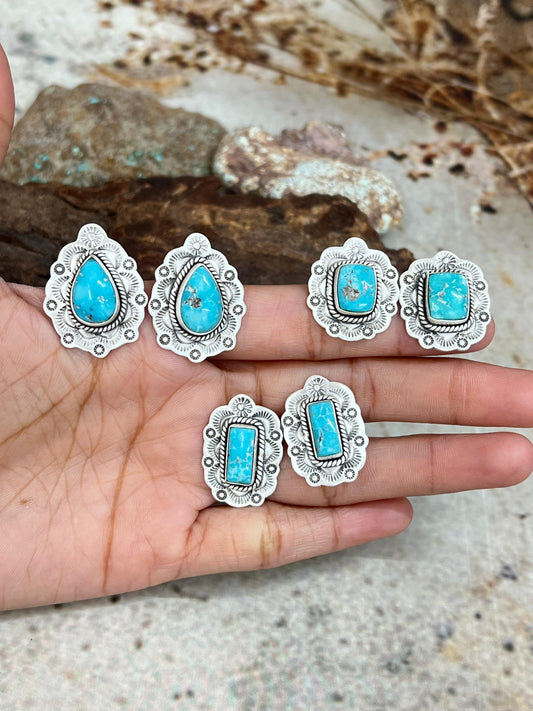 Handmade Sterling Silver White Water Turquoise Post Studs with Signed Nizhoni