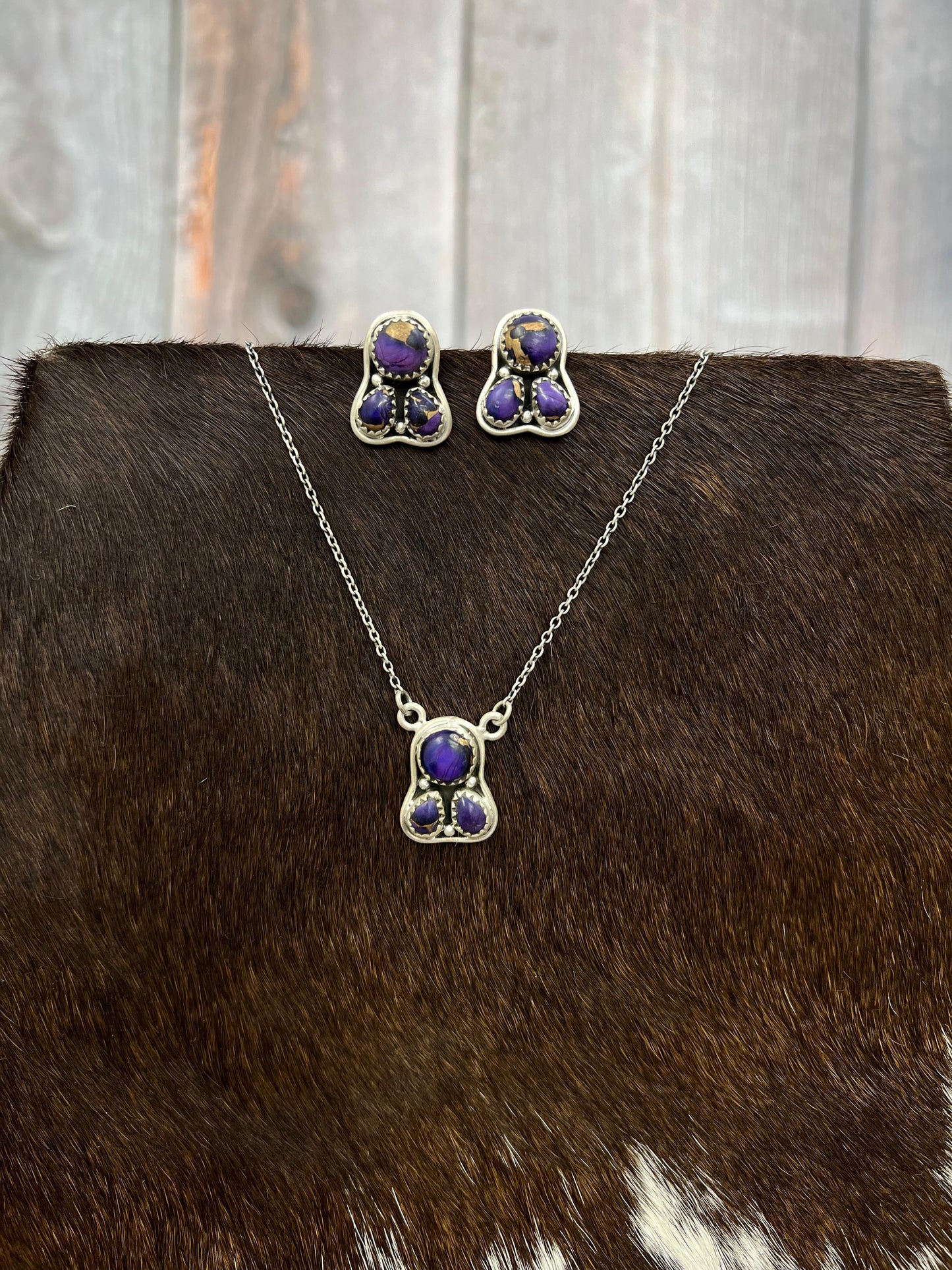 Handmade Sterling Silver Grape Dahlia Necklace Earrings Set, Signed Nizhoni