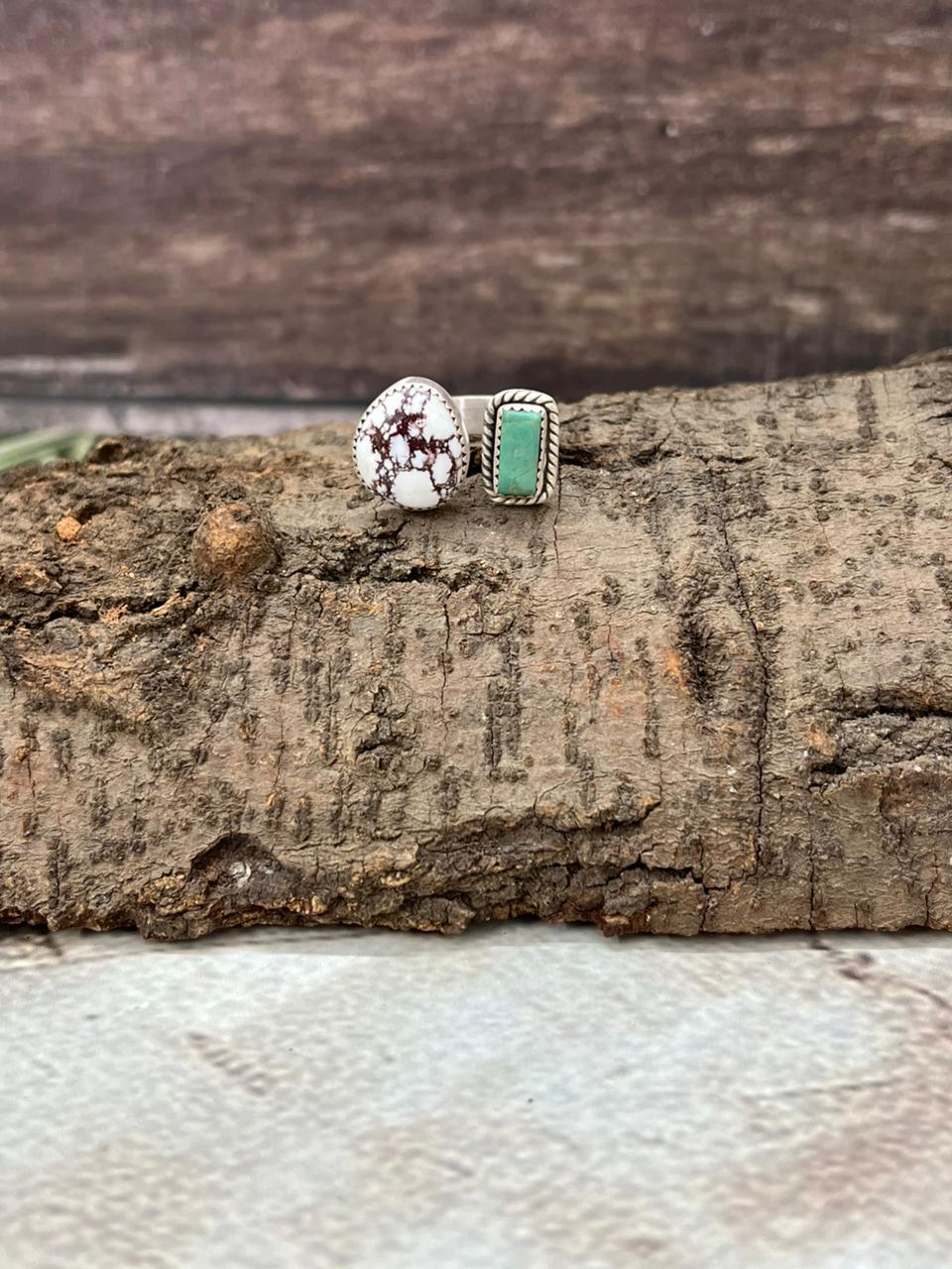 Handmade Sterling Silver Wild Horse Magnesite with Kingman Turquoise Adjustable Ring with Signed Nizhoni (9)