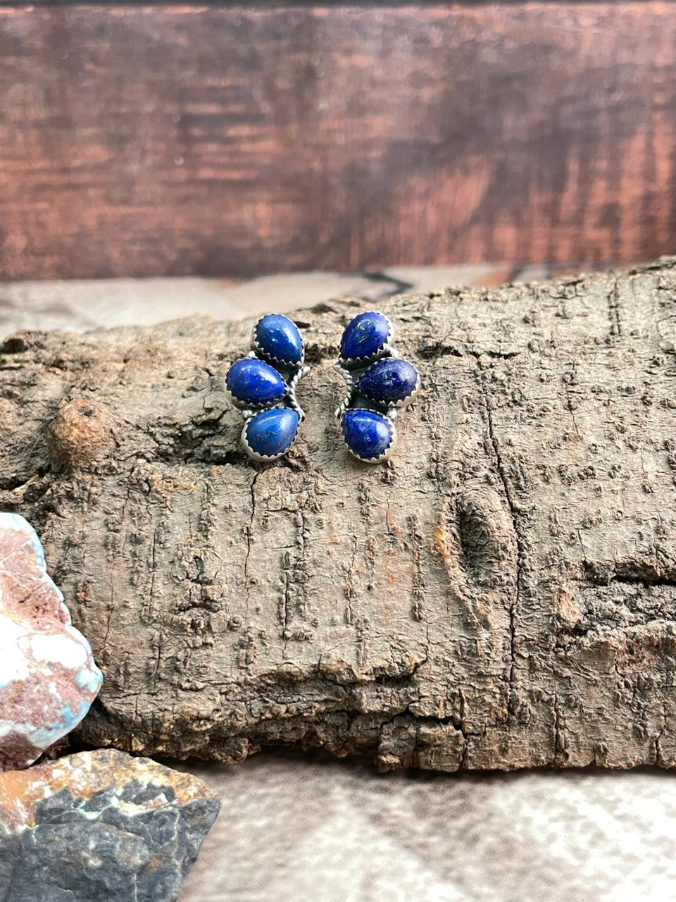 Handmade Sterling Silver Lapis Post Studs Earrings "Signed Nizhoni"