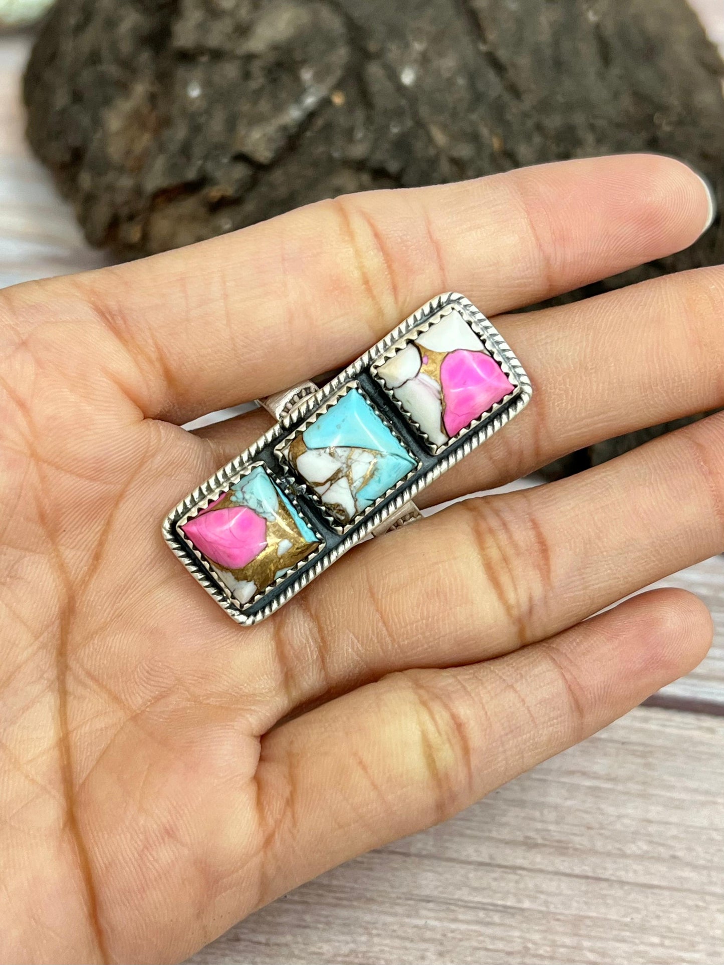 Handmade Sterling Silver Cotton Candy Turquoise Adjustable Ring with Signed Nizhoni