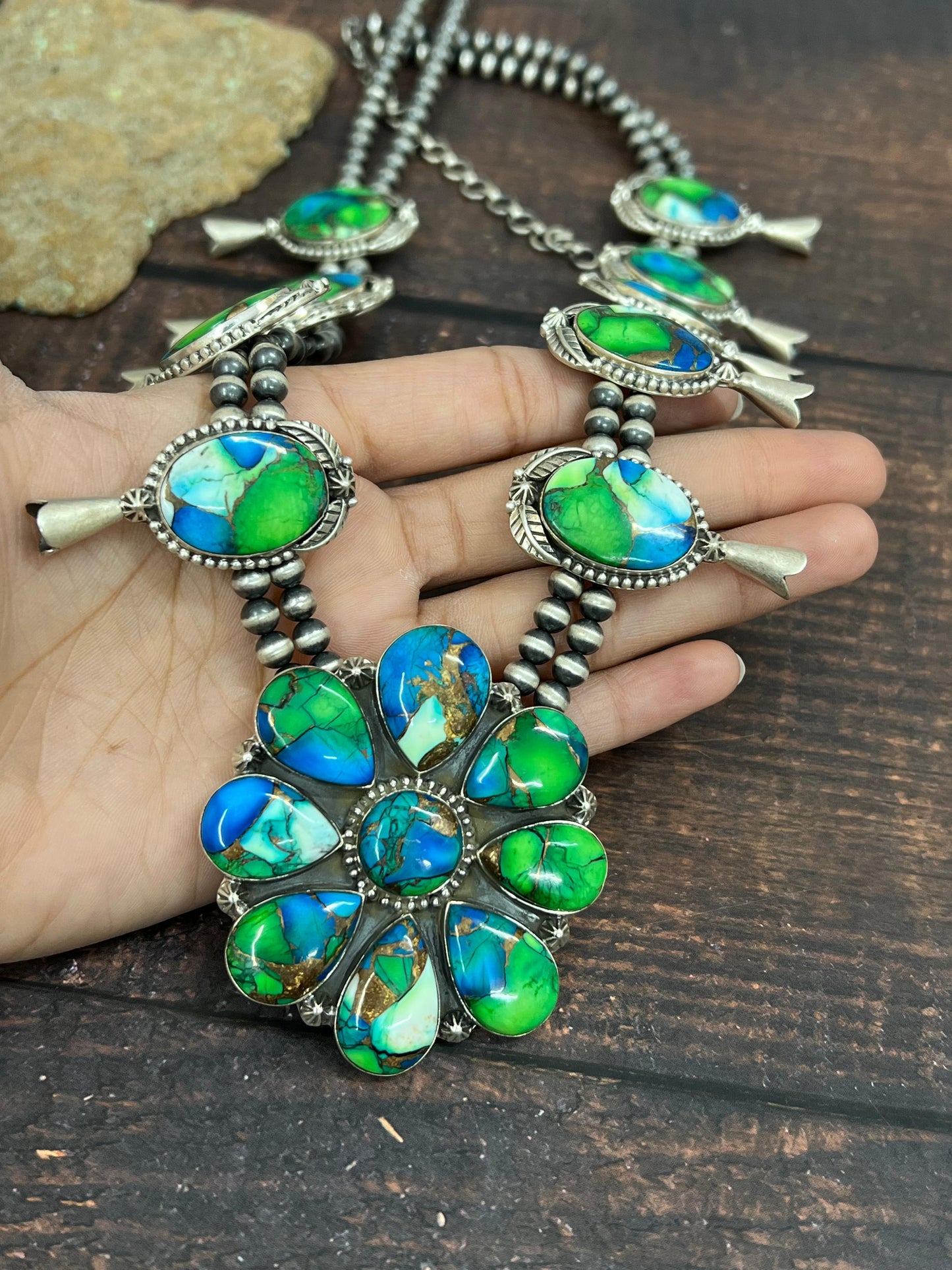Handmade Sterling Silver Peacock Dahlia Beaded Necklace with Signed Nizhoni