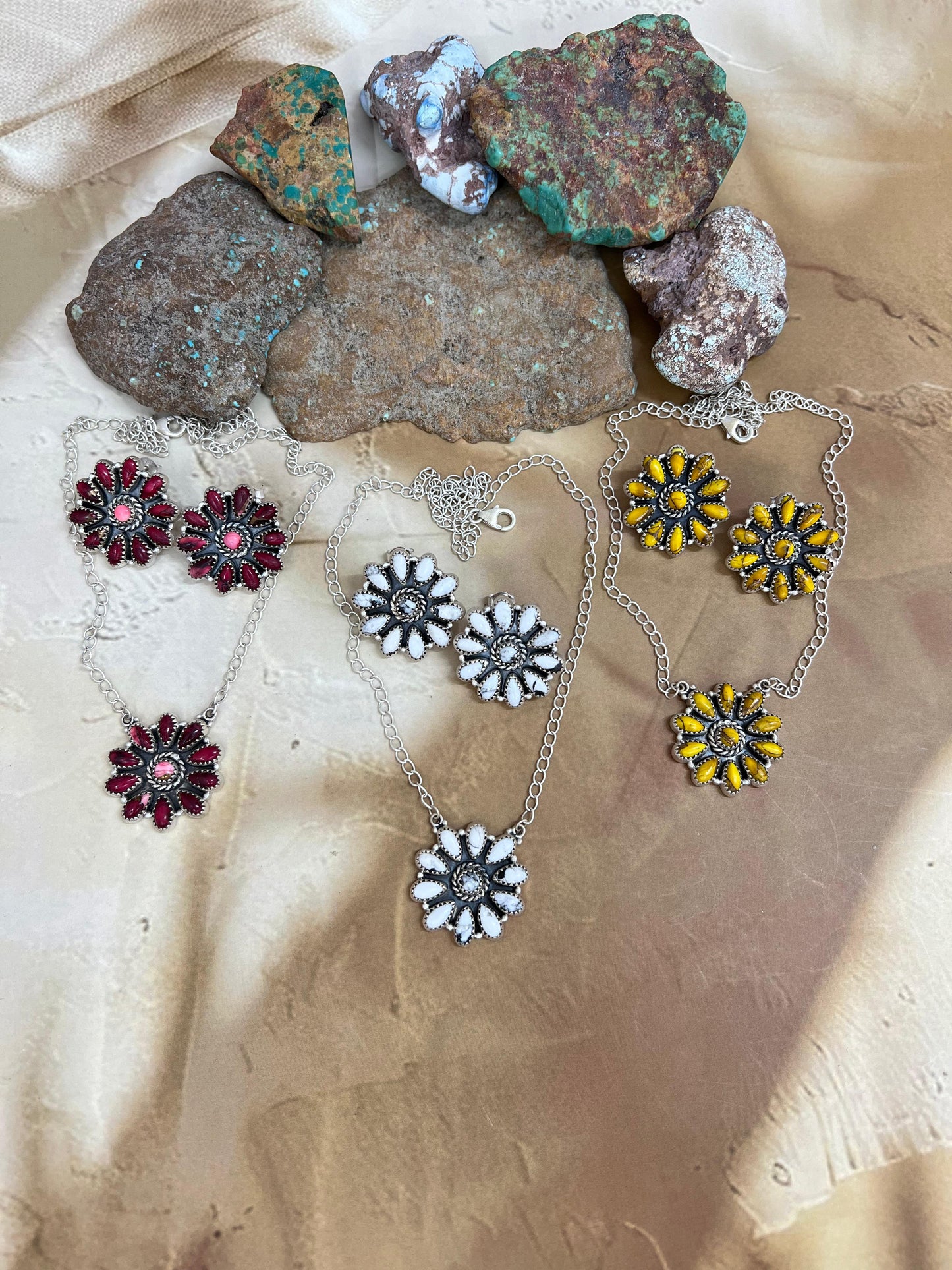 Handmade Sterling Silver Multi Stone Necklace Earrings Set, Signed Nizhoni