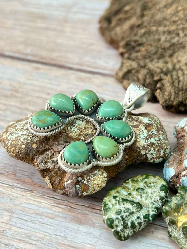Handmade Sterling Silver Old Stock Royston Turquoise Naja Pendant with Signed Nizhoni