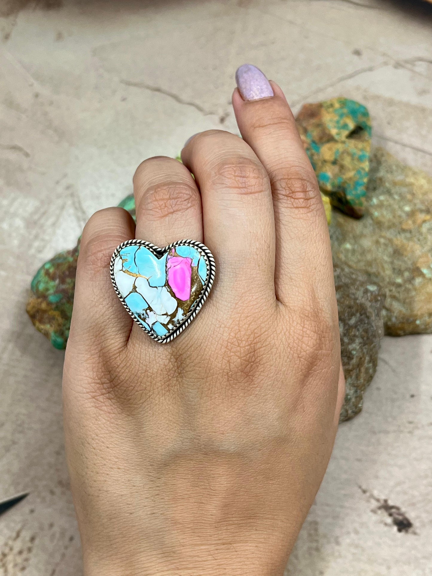 Handmade Sterling Silver Cotton Candy Turquoise Adjustable Ring with Signed Nizhoni