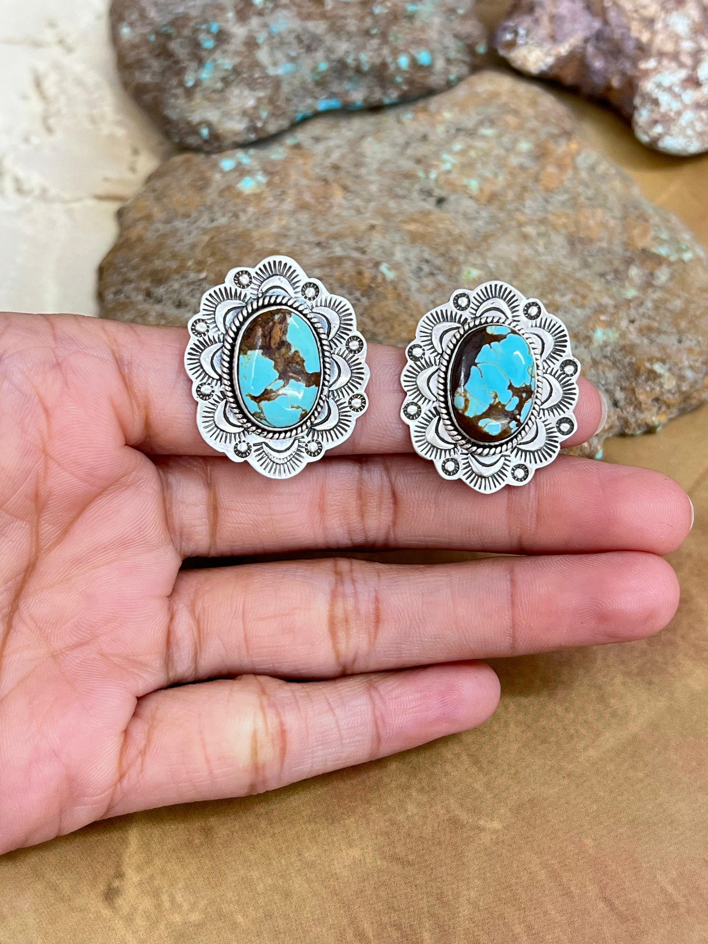 Handmade Sterling Silver Number 8 Turquoise Post Studs with Signed Nizhoni