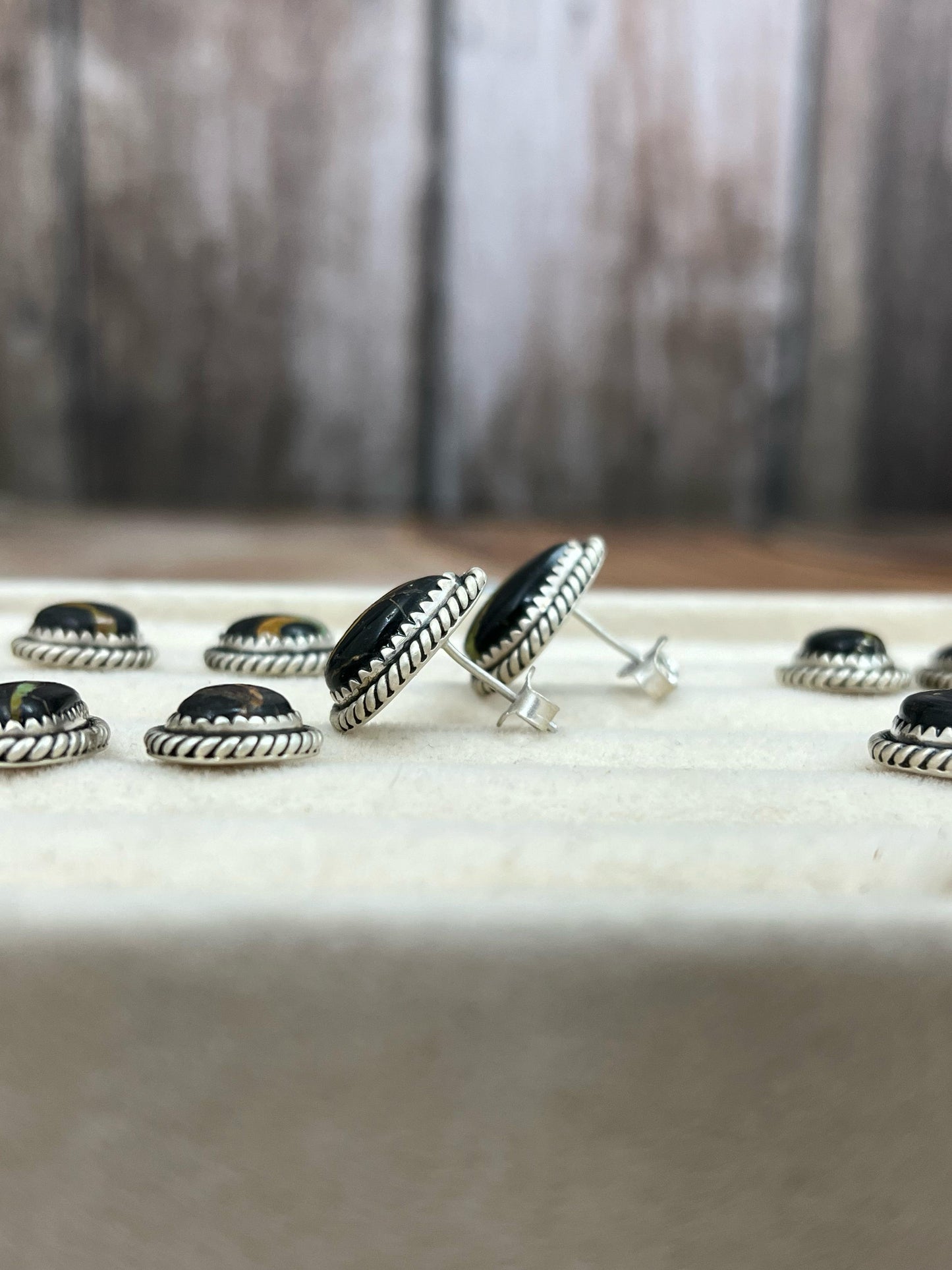 Handmade Sterling Silver Blackjack Turquoise Post Earrings Signed Nizhoni
