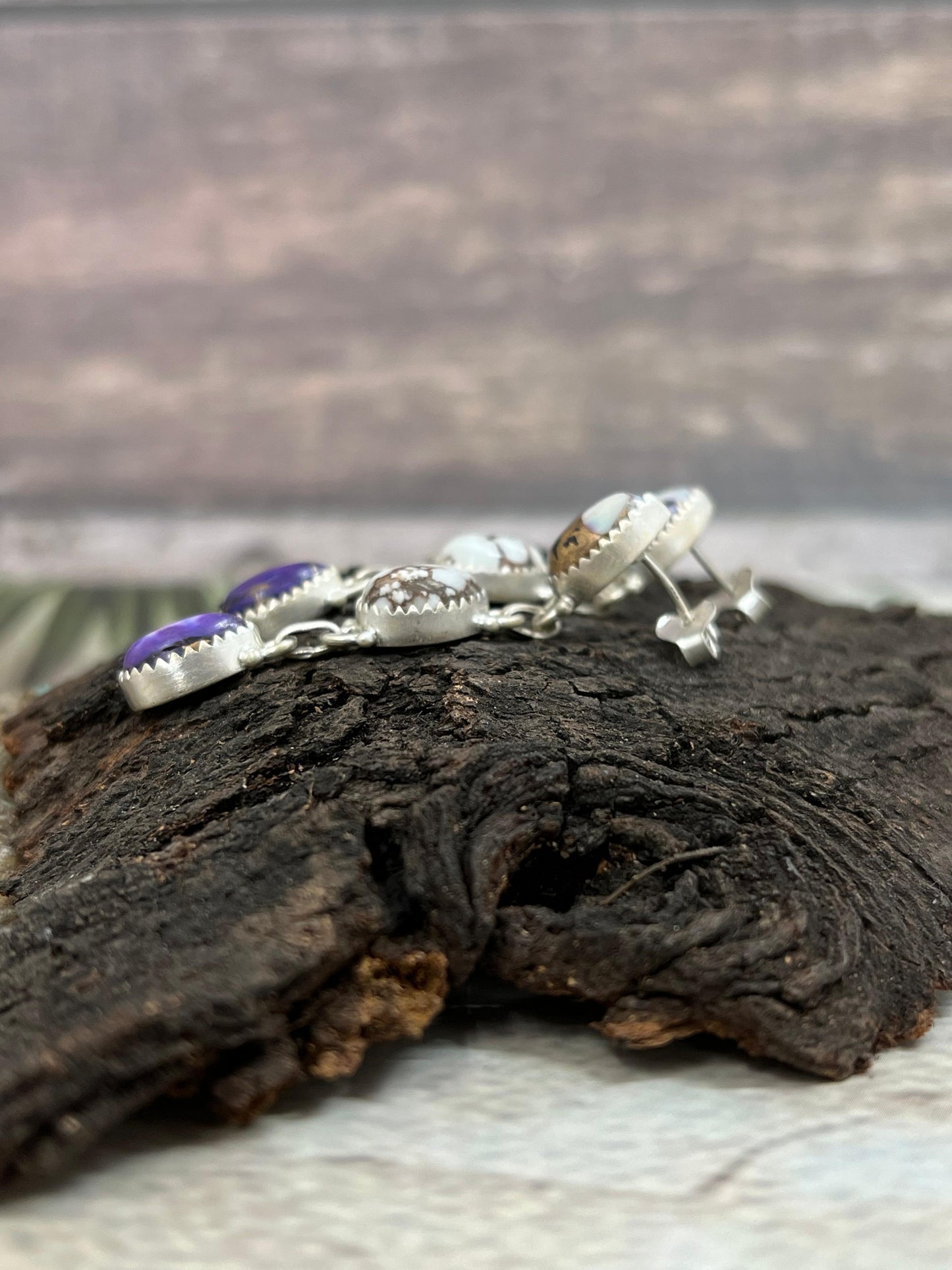 Handmade Sterling Silver Wild Horse with Purple Dahlia Post Dangle Earrings, Signed Nizhoni (7)