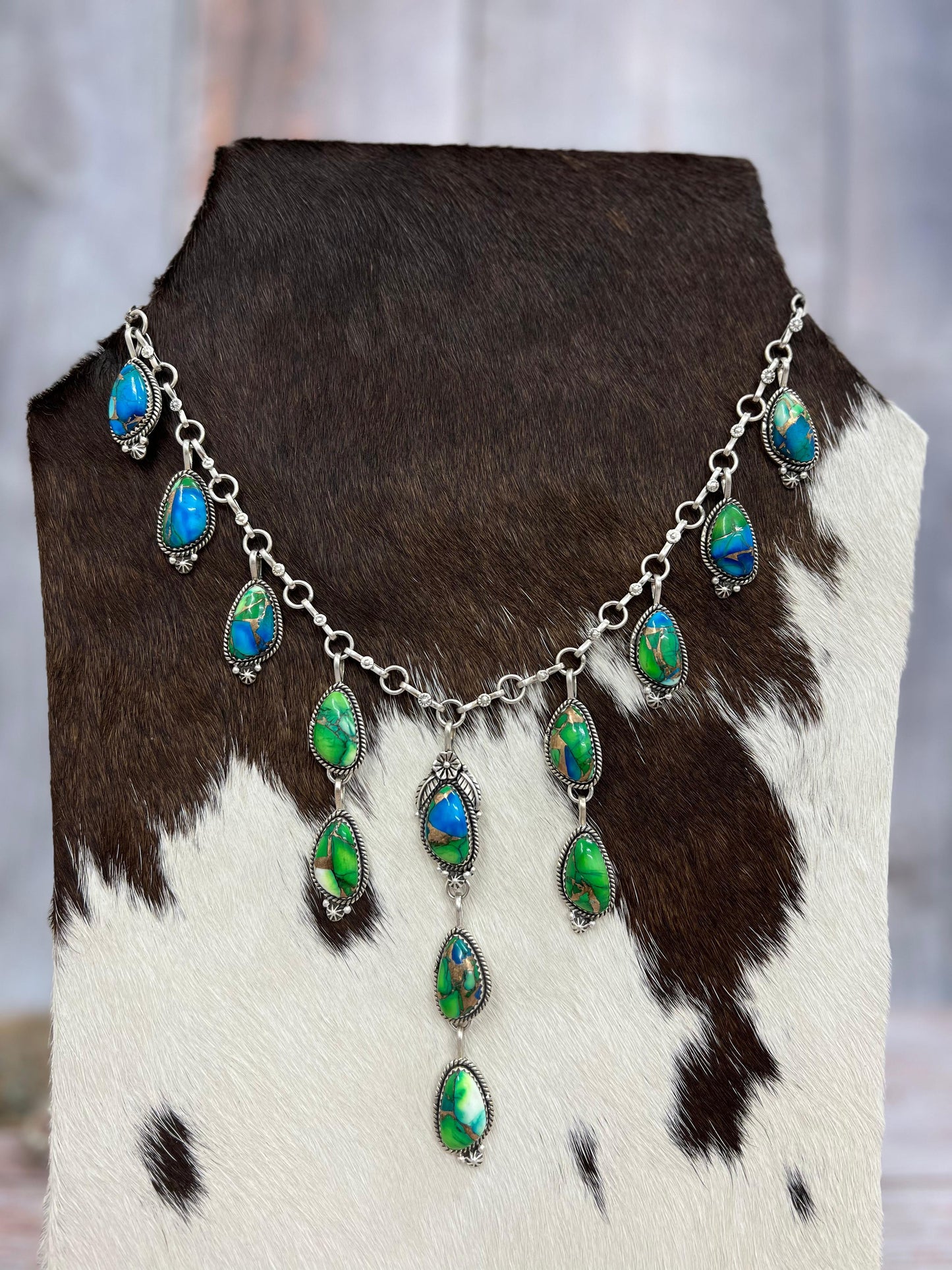 Handmade Sterling Silver Multi Stone Necklace, Signed Nizhoni