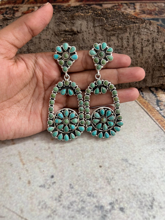 Handmade Sterling Silver Kingman Turquoise Post Dangle Earrings with Signed Nizhoni