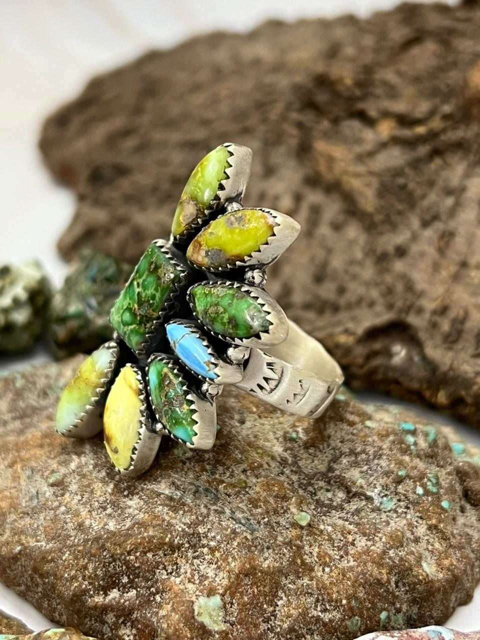 Handmade Sterling Silver Palomino with Golden Hills and Sonoran Mountain Turquoise Adjustable Ring " Signed Nizhoni"