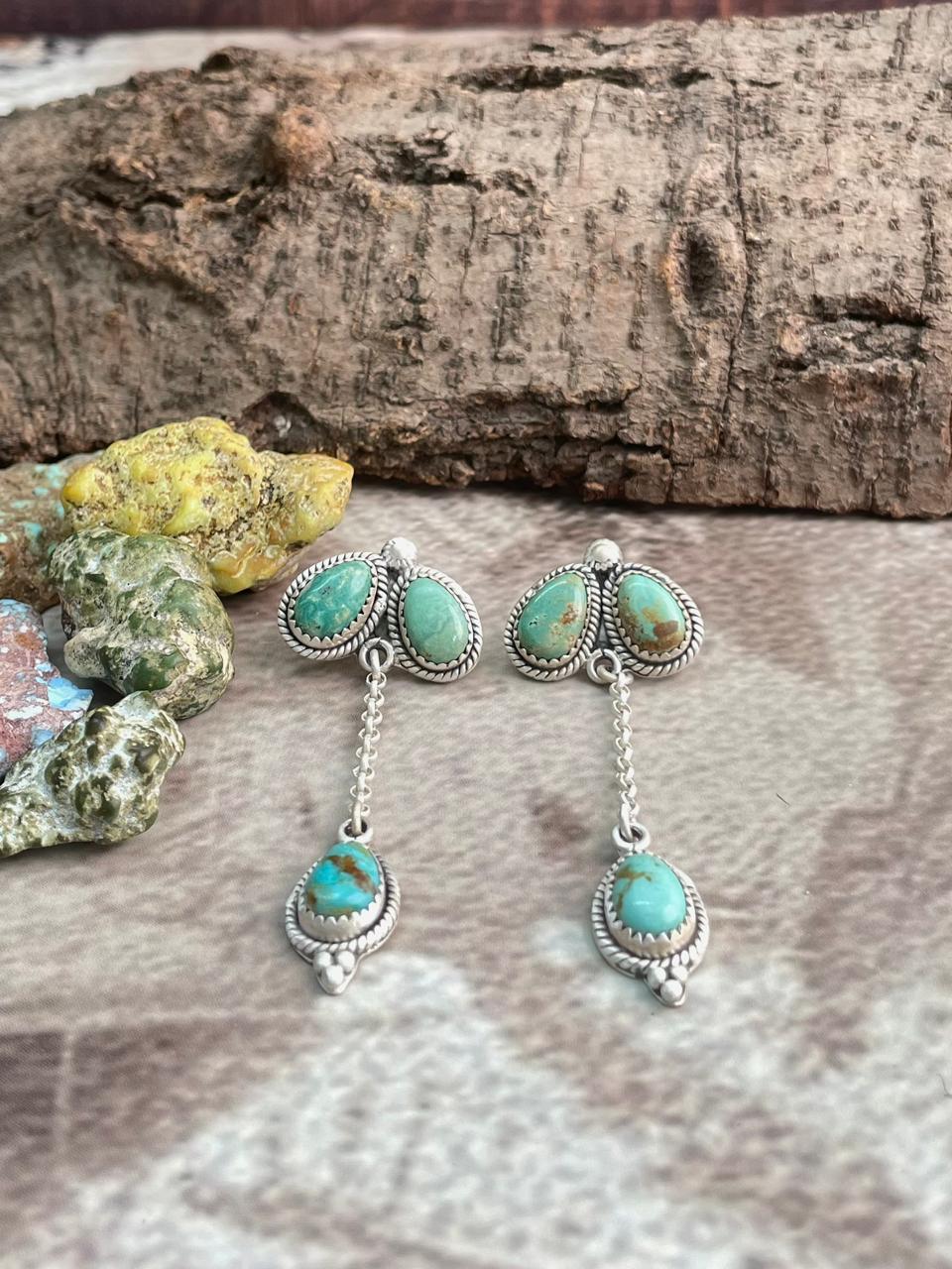 Handmade Sterling Silver Old stock Royston Turquoise Post Dangle Earrings "Signed Nizhoni"