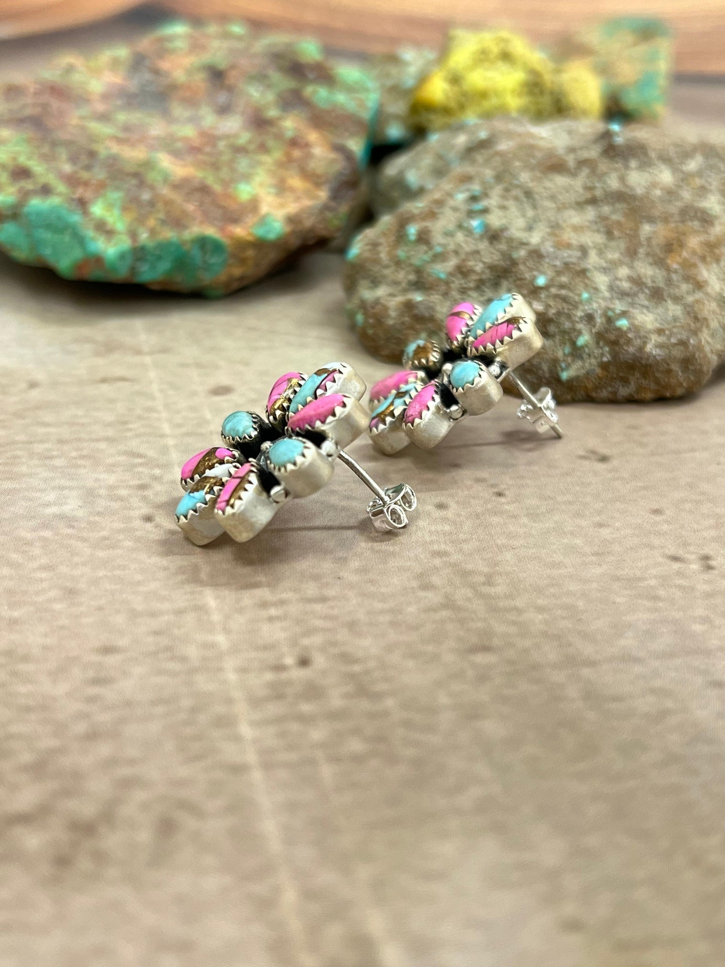 Handmade Sterling Silver Cotton Candy Turquoise Flower Post Earrings with Signed Nizhoni