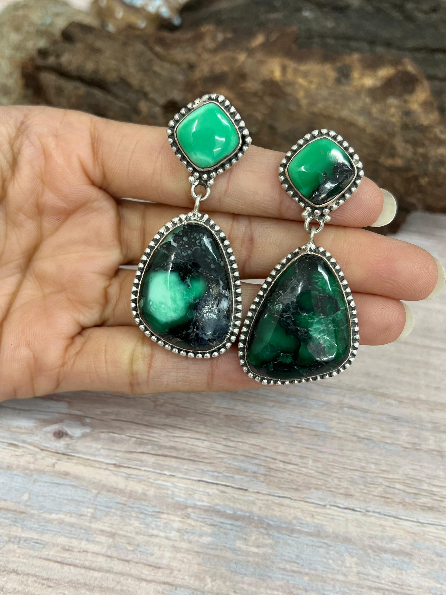 Handmade Sterling Silver Emerald Rose Post Dangle Earrings with Signed Nizhoni