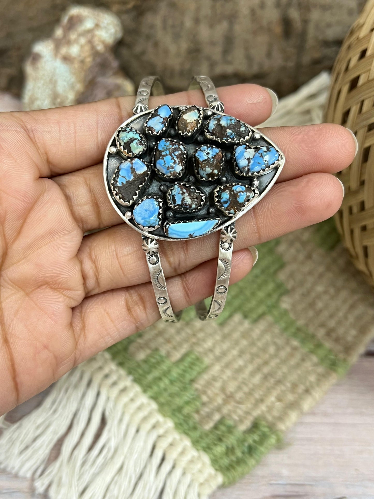 Handmade Sterling Silver Golden Hill, Sonoran Mountain Turquoise Bracelet with Signed Nizhoni /