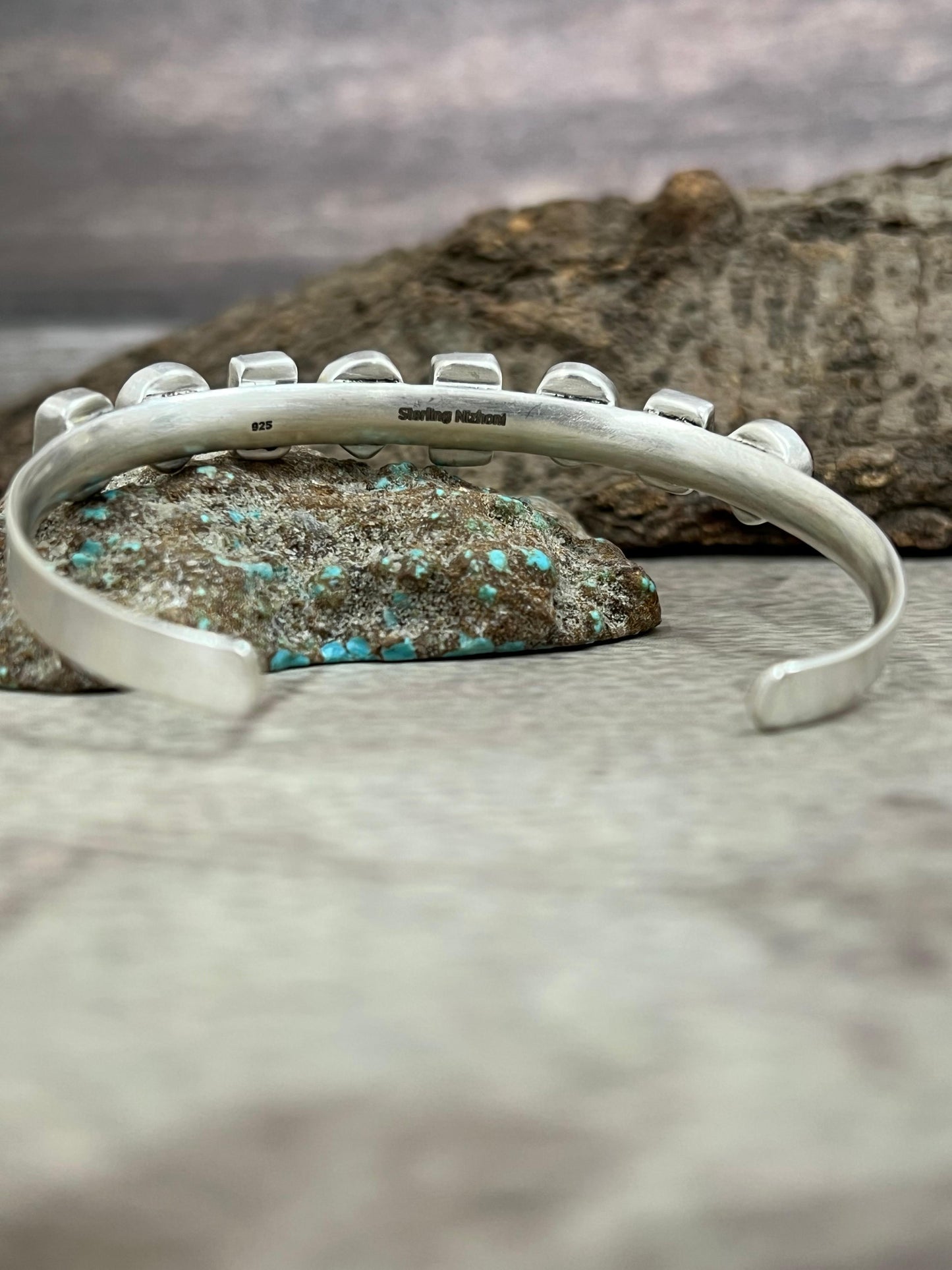 Handmade Sterling Silver Dahlia Rose with South Hill Turquoise Bracelet, Signed Nizhoni (2)