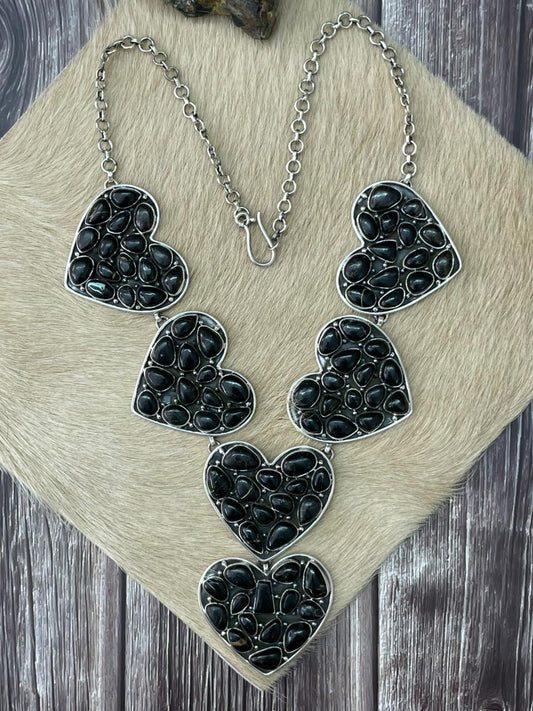 Handmade Sterling Silver Blackjack Turquoise Heart Necklace "Signed Nizhoni"