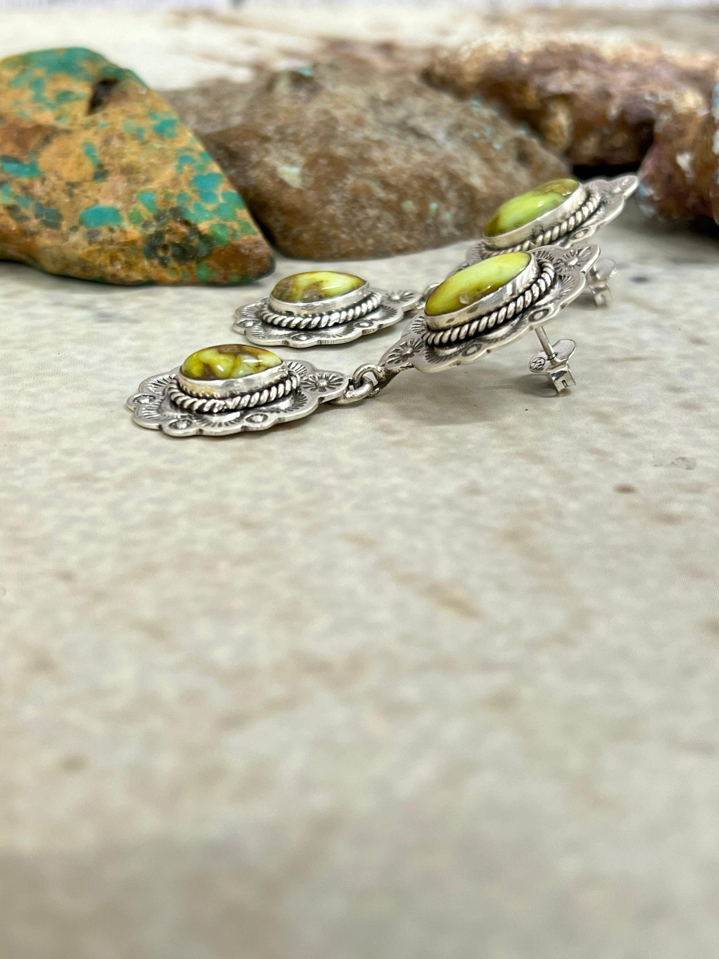 Handmade Sterling Silver Palomino Turquoise Post Dangle Earrings with Signed Nizhoni (1)