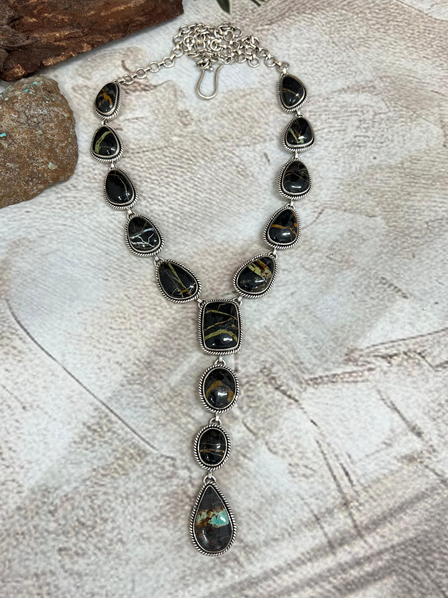 Handmade Sterling Silver Blackjack Turquoise Lariat Necklace Signed Nizhoni