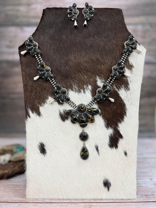 Handmade Sterling Silver Blackjack Turquoise Beaded Blossom Necklace Earrings Set with Signed Nizhoni