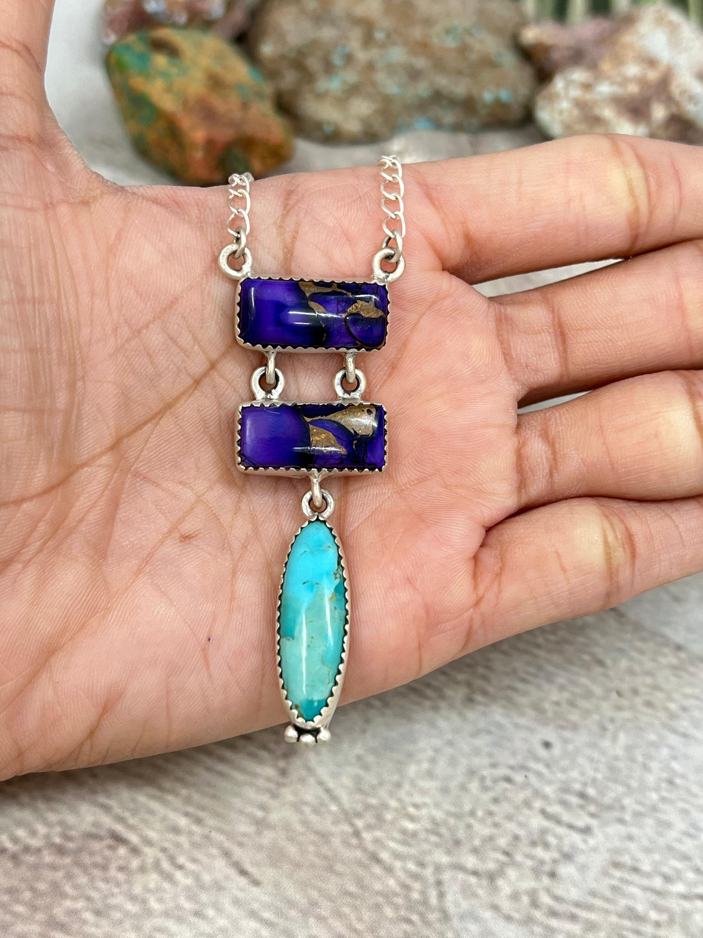 Handmade Sterling Silver Grape Dahlia Kingman Turquoise Necklace with Signed Nizhoni