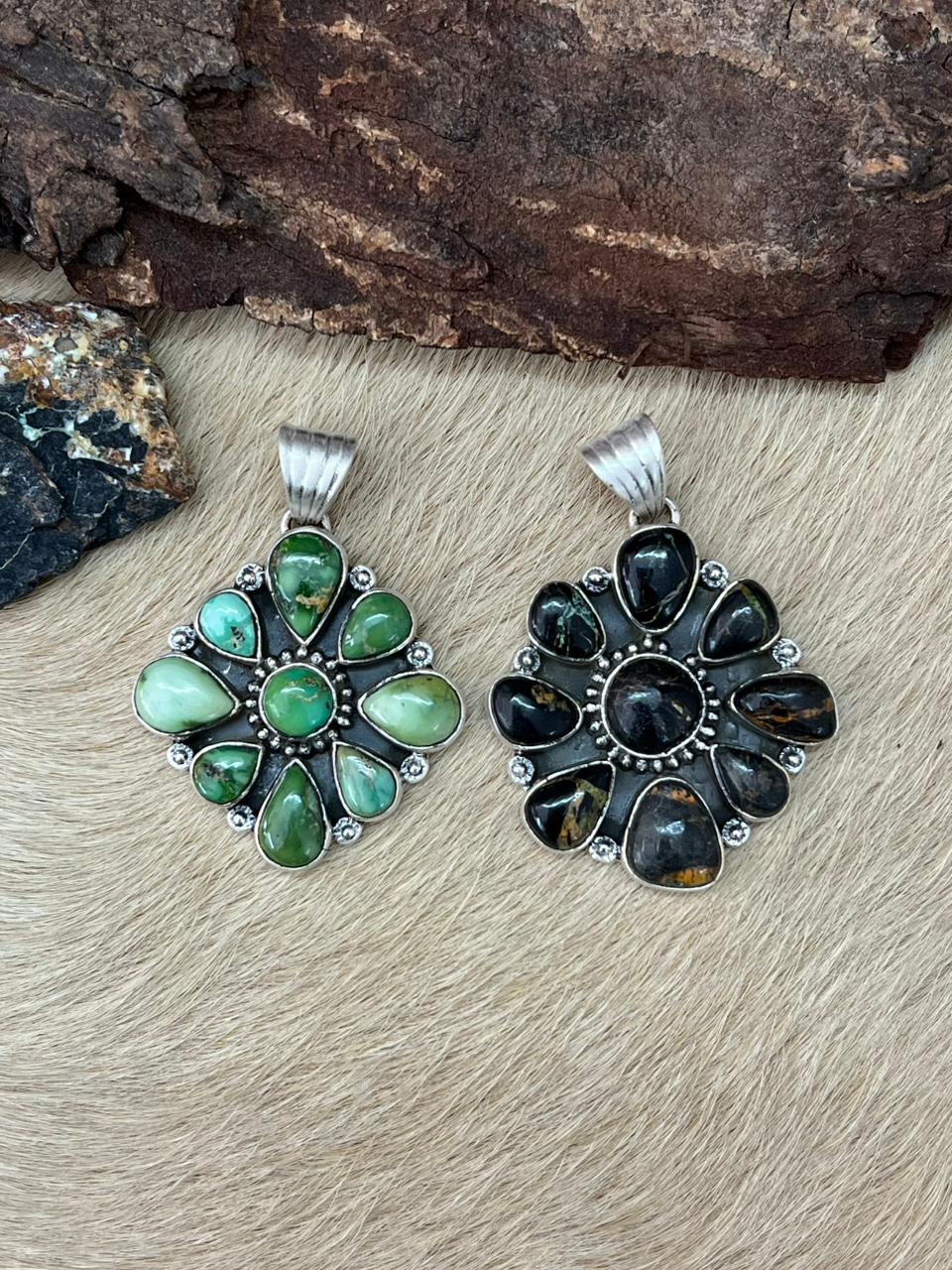 Handmade Sterling Silver Sonoran Mountain Turquoise, Blackjack Pendant "Signed Nizhoni"