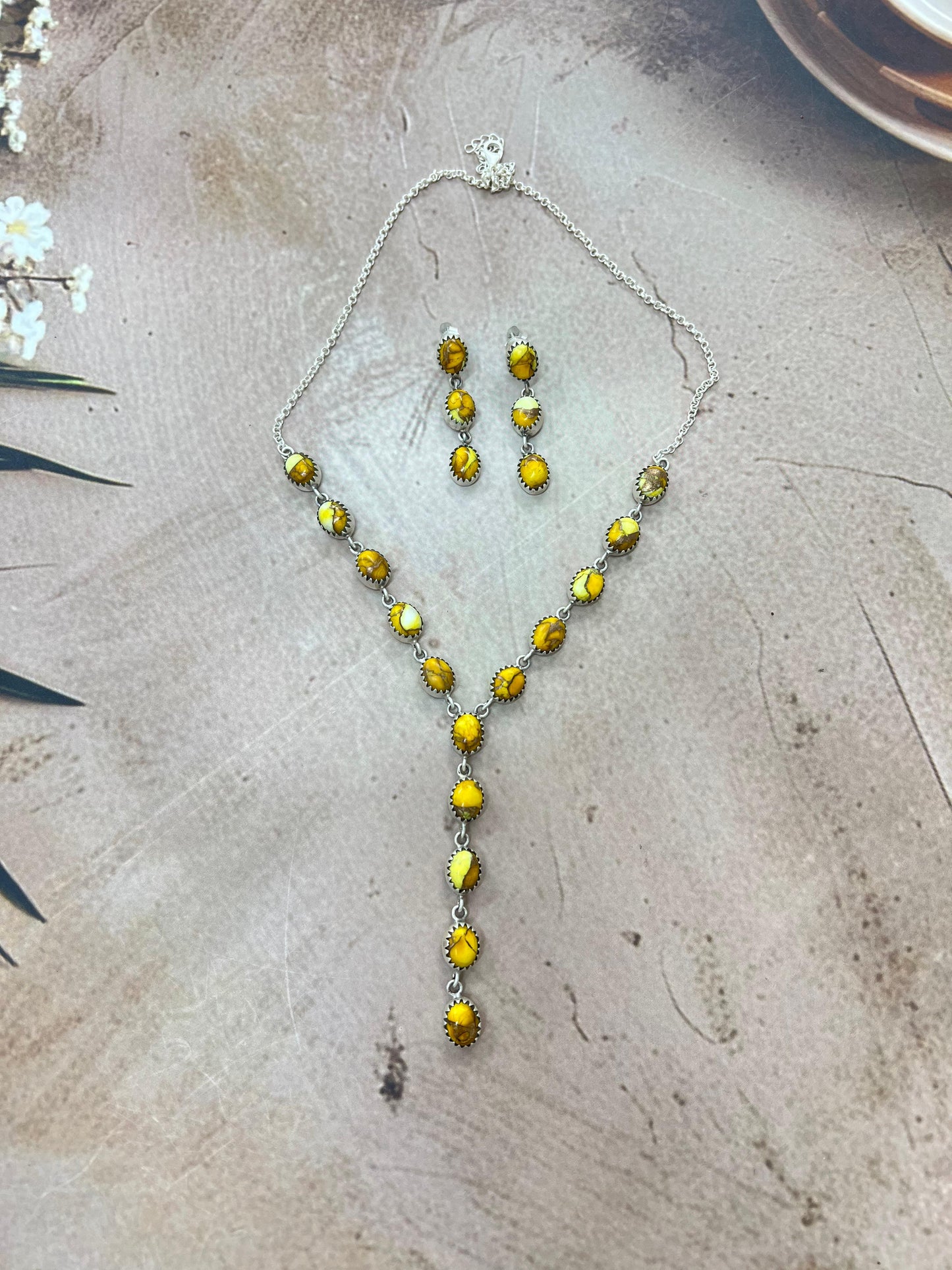 Handmade Sterling Silver Honey Dahlia Necklace Earrings Set, Signed Nizhoni