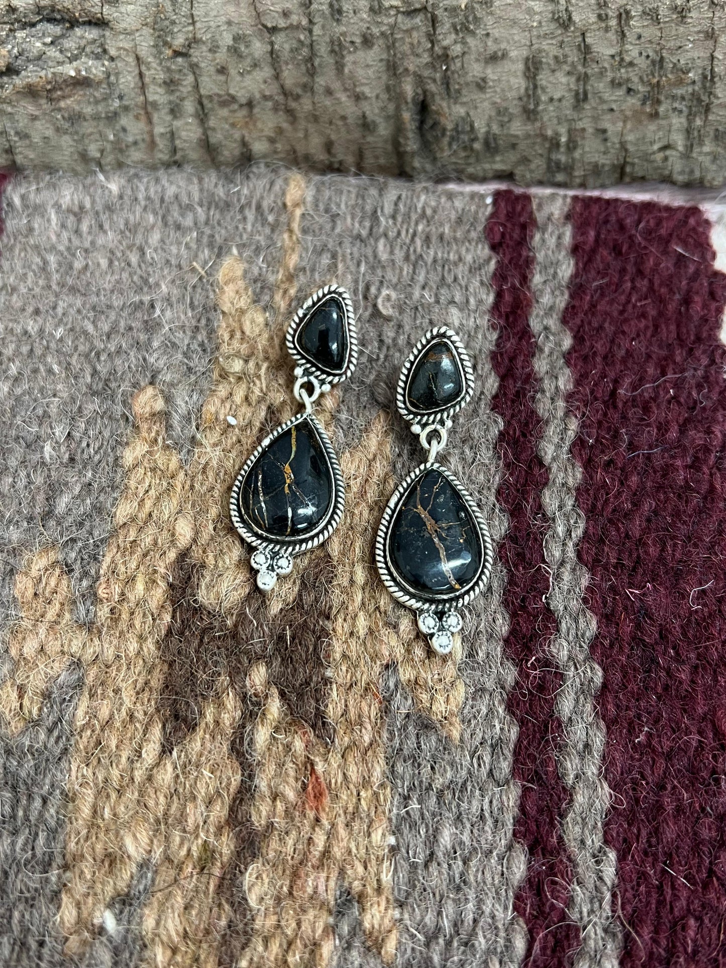Handmade Sterling Silver Black Jack Dangle Earrings with Signed Nizhoni