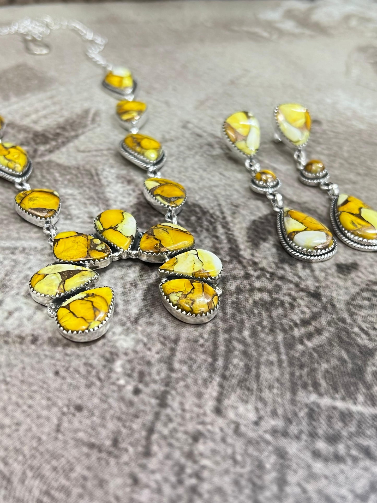 Handmade Sterling Silver Honey Dahlia Squash Blossom Necklace Earrings Set, Signed Nizhoni