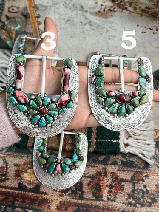 Handmade Sterling Silver Dahlia Rose with Emerald Valley Turquoise Buckle "Signed Nizhoni"