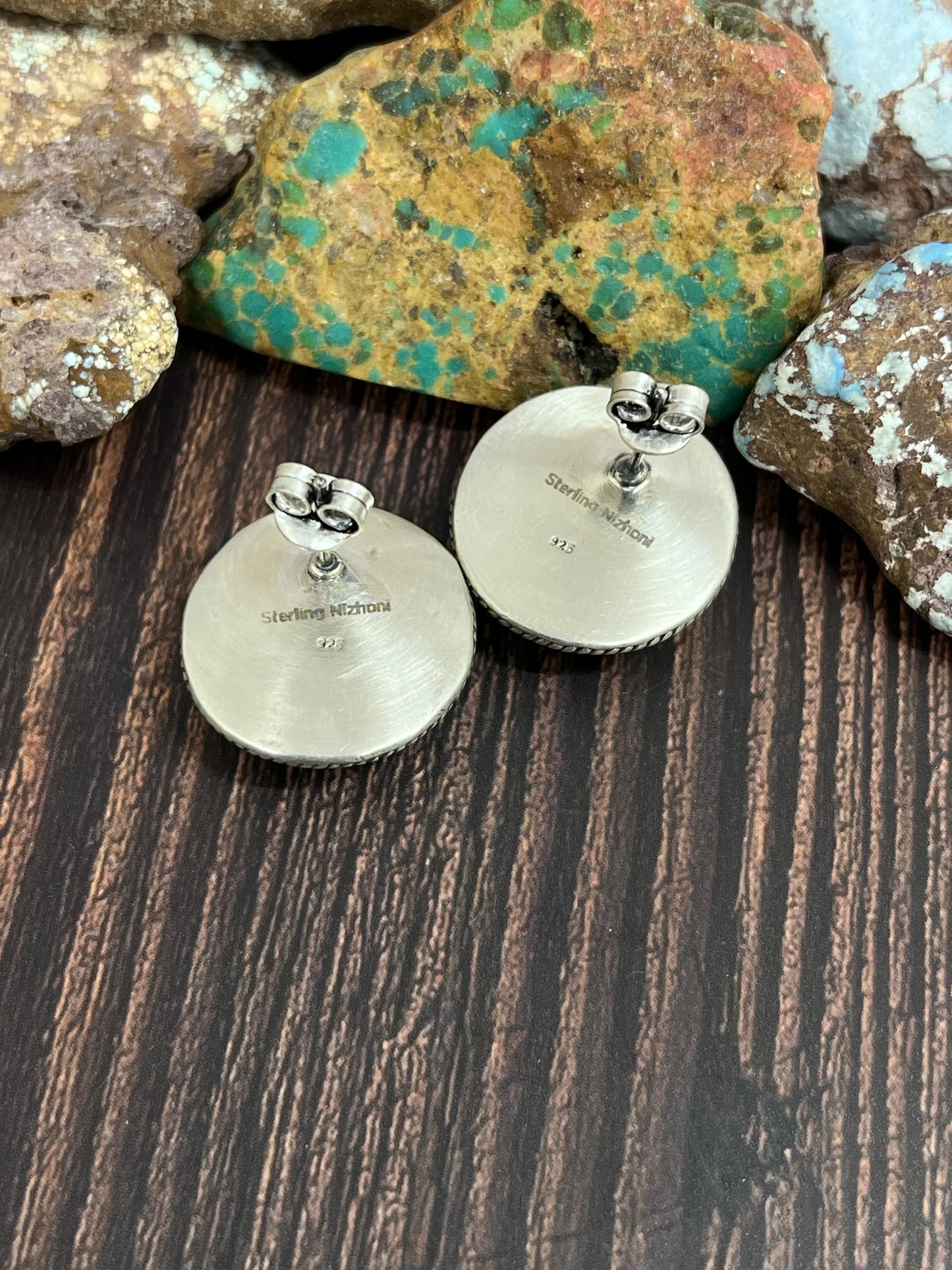 Handmade Sterling Silver Royston Turquoise Post Studs with Signed Nizhoni (8)