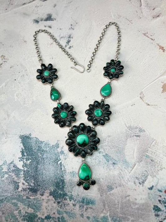 Handmade Sterling Silver Emerald Rose Necklace "Signed Nizhoni"