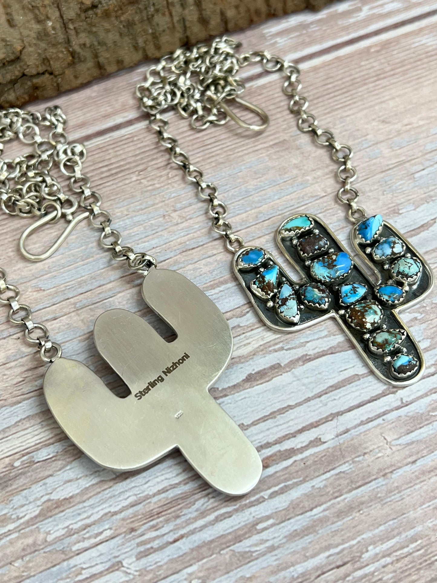 Handmade Sterling Silver Golden Hill Turquoise, Sonoran Saguaro Cactus Necklace with Signed Nizhoni