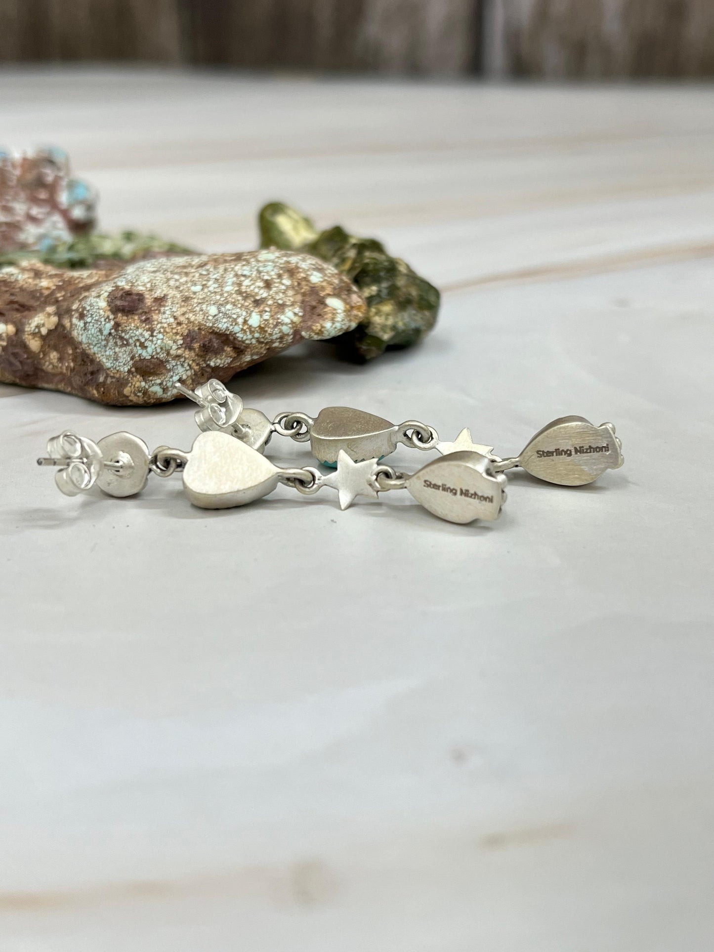 Handmade Sterling Silver White Buffalo with Kingman Turquoise Dangle Earrings with Signed Nizhoni (2)