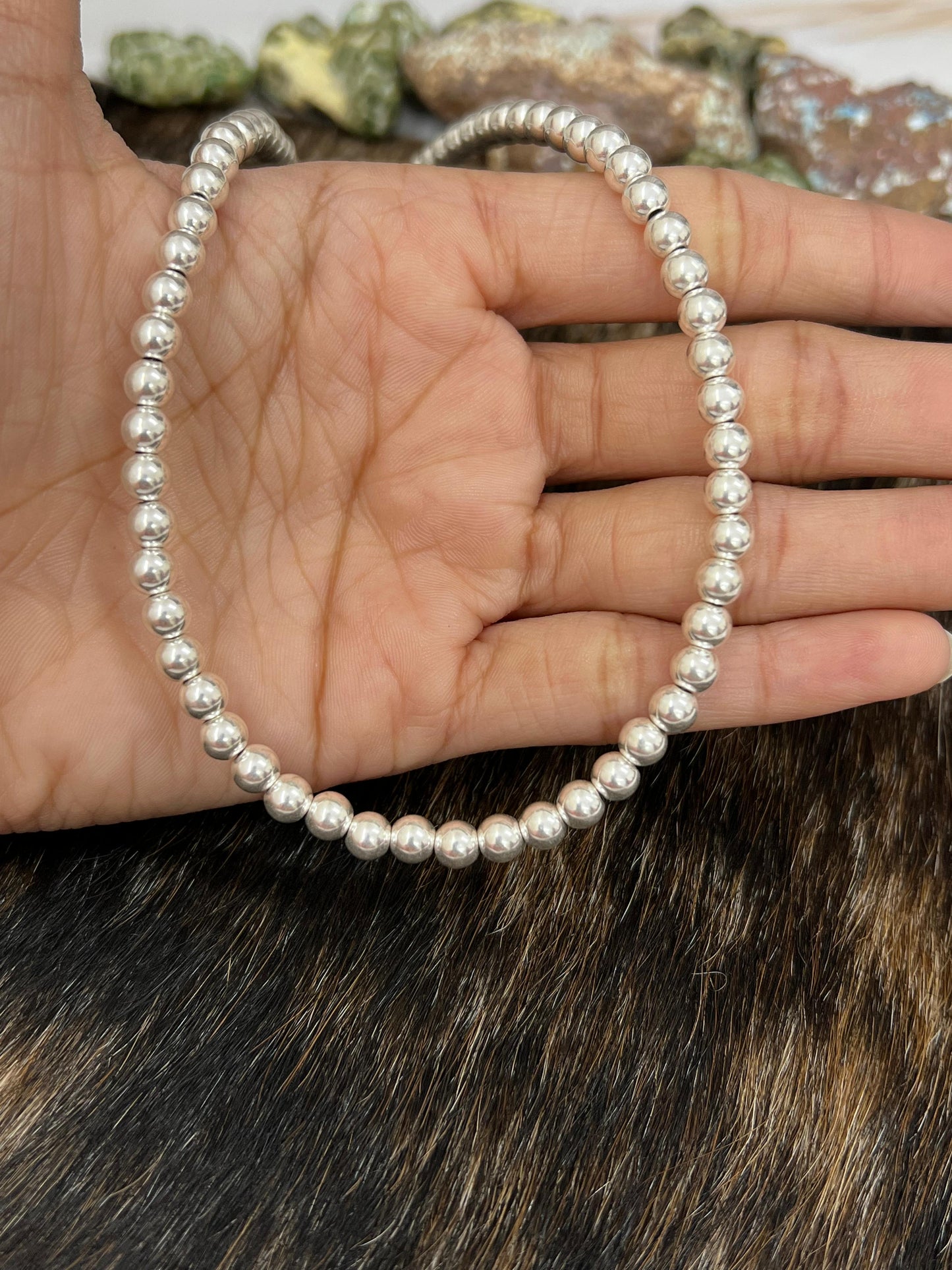 Handmade Sterling Silver 5mm Beaded Necklace with Signed Nizhoni