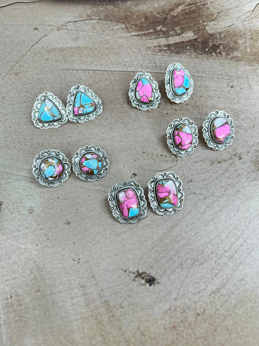 Handmade Sterling Silver Cotton Candy Turquoise Post Earrings with Signed Nizhoni