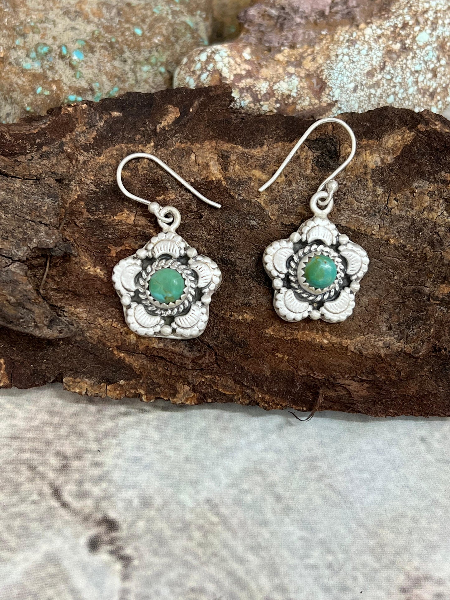 Handmade Sterling Silver Kingman Turquoise Hook Earrings with Signed Nizhoni