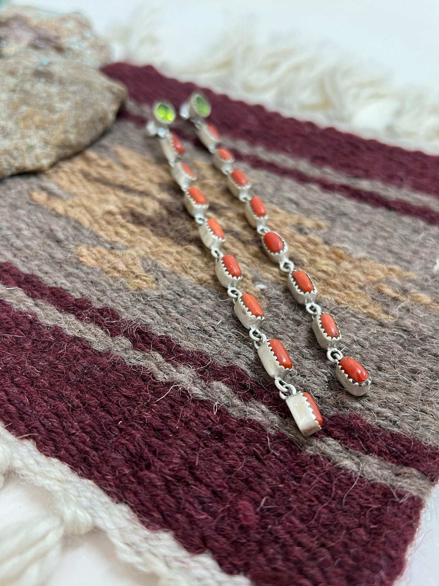 Christmas Collection Handmade Sterling Silver Coral with Peridot Dangle Earrings, Signed Nizhoni