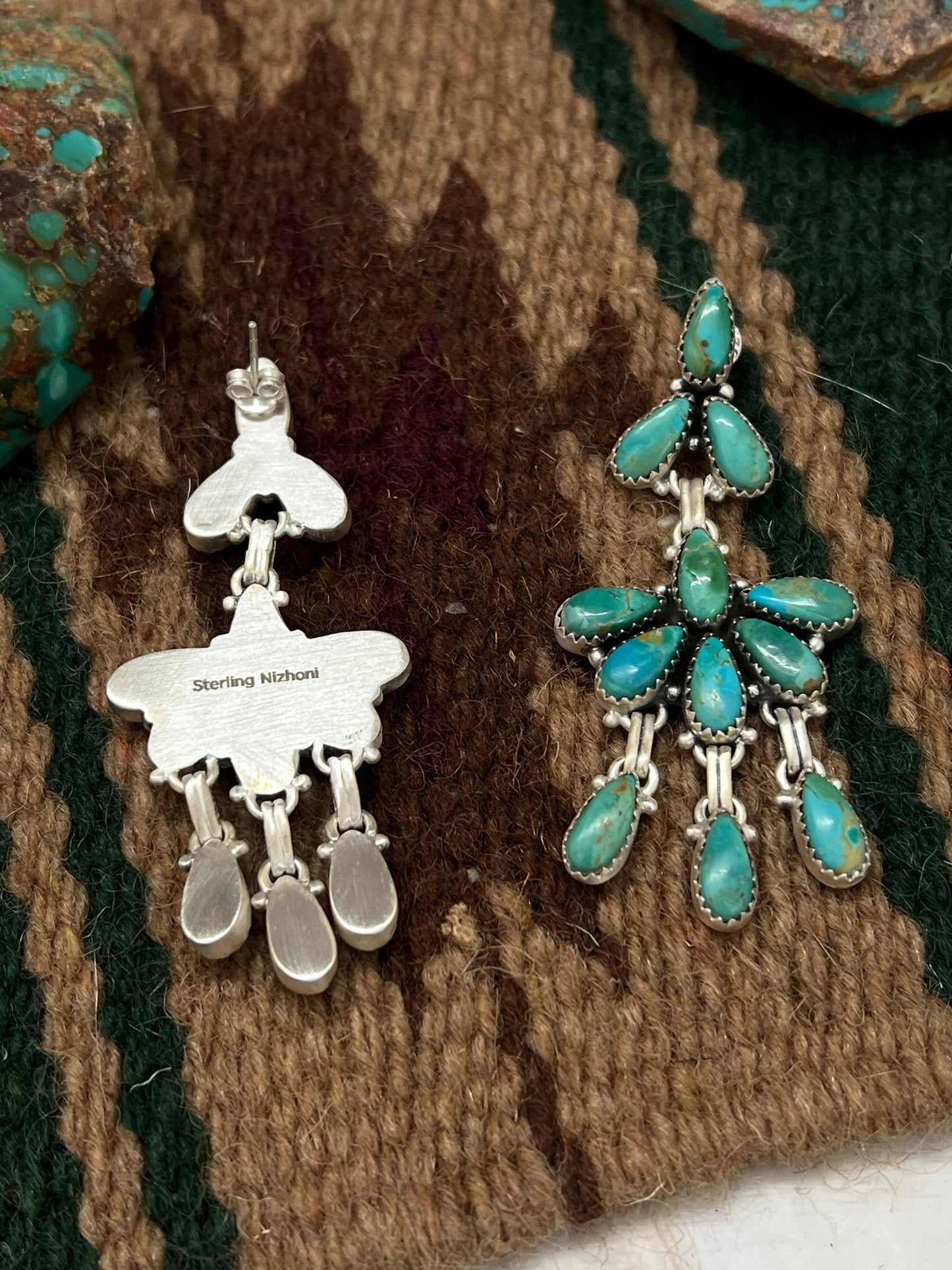 Handmade Sterling Silver Kingman Turquoise Post Dangle Earrings with Signed Nizhoni