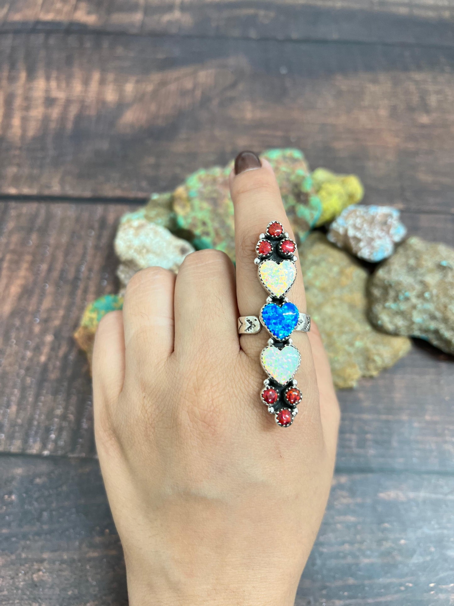 ** 4TH OF JULY ** Handmade Sterling Silver Synthetic Opal Adjustable Heart Ring with Signed Nizhoni