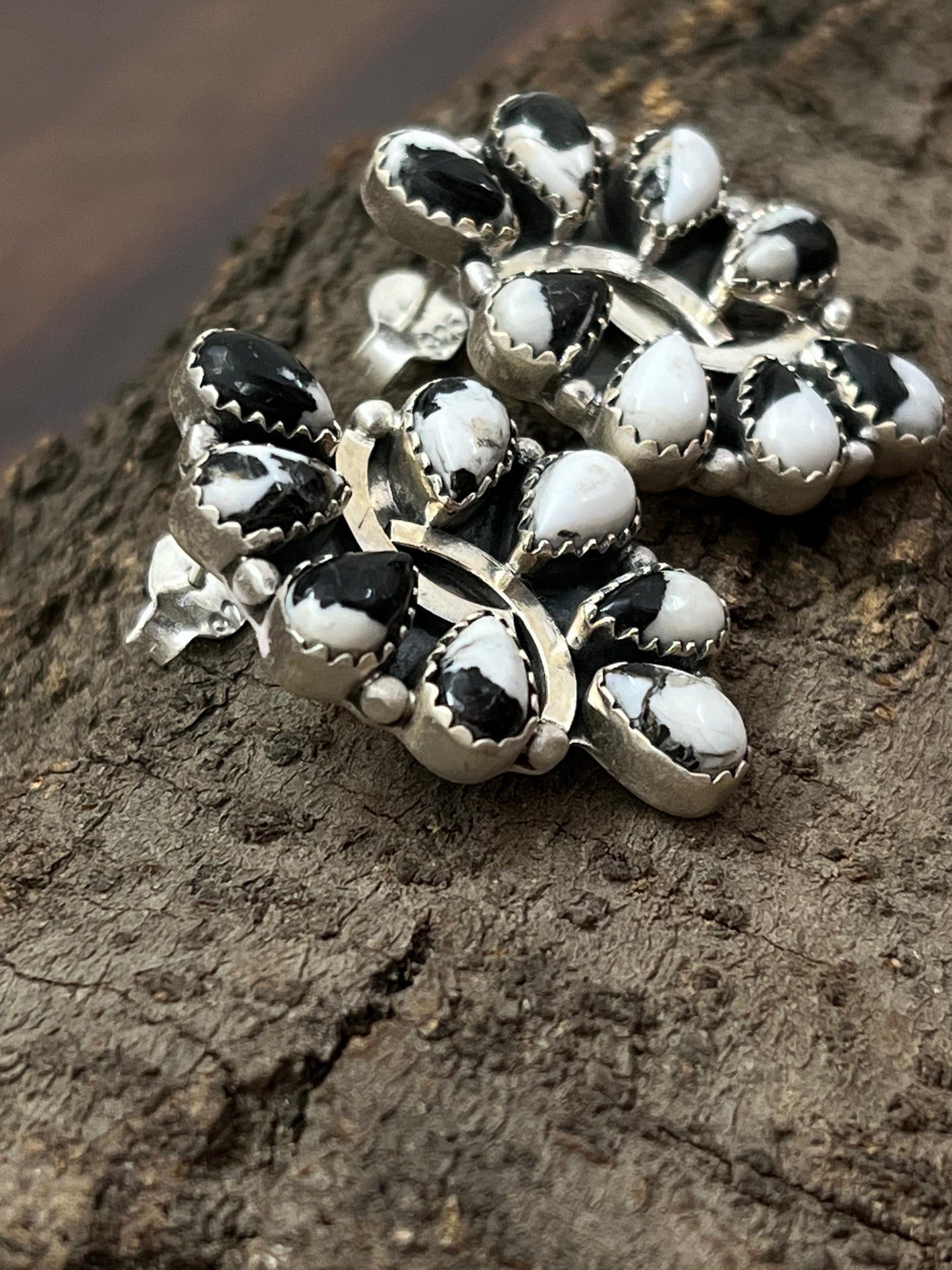 Handmade Sterling Silver White Buffalo Post Studs with Signed Nizhoni