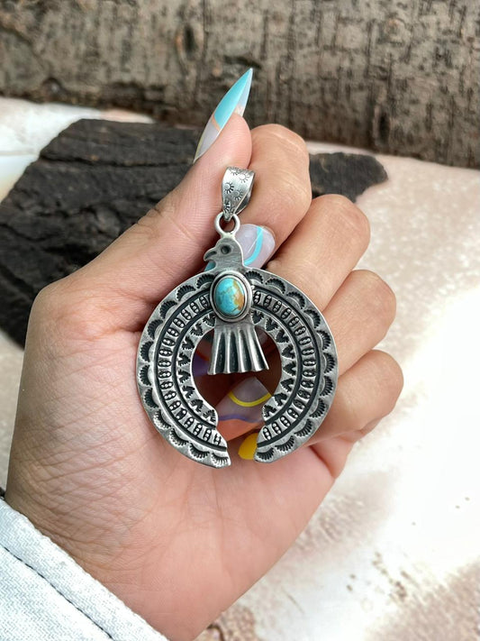Handmade Sterling Silver Kingman Turquoise Naja Pendant "Signed Nizhoni" (3)