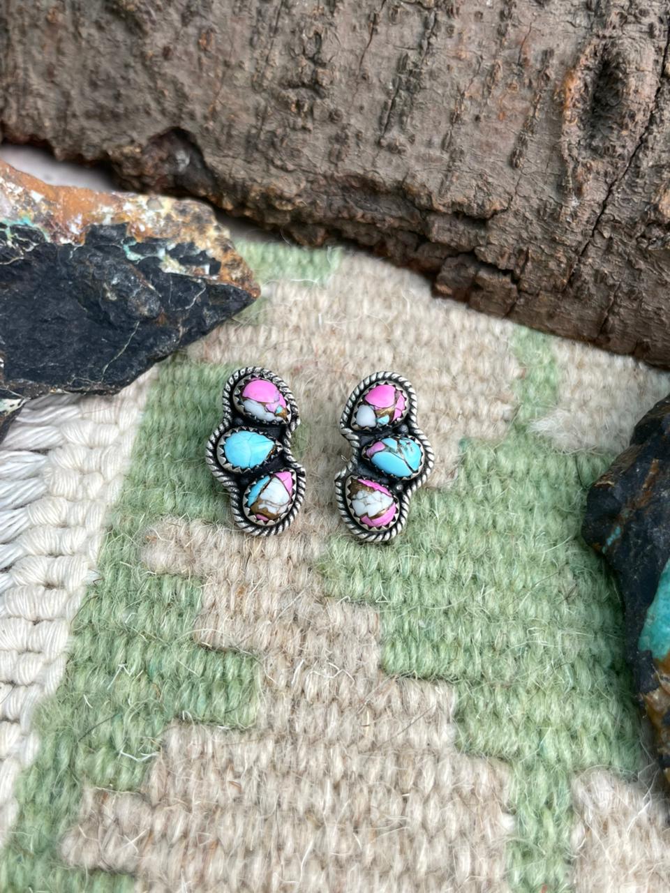 Handmade Sterling Silver Cotton Candy Post Studs Earrings "Signed Nizhoni"