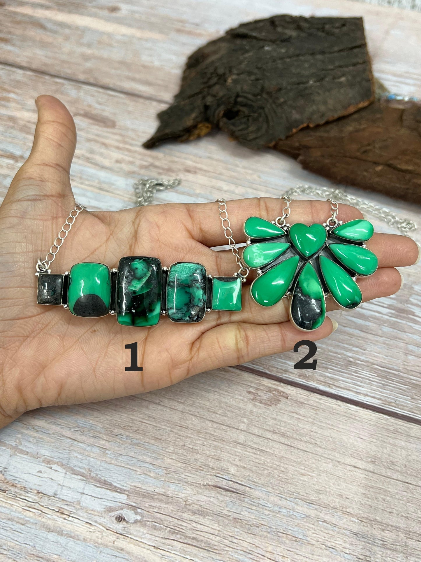 Handmade Sterling Silver Emerald Rose Necklace with Signed Nizhoni