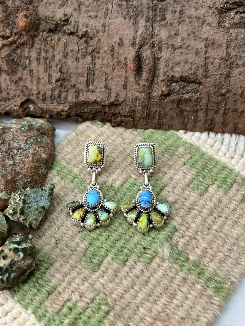 Handmade Sterling Silver Palomino with Golden Hills Turquoise Post Dangle Earrings "Signed Nizhoni"