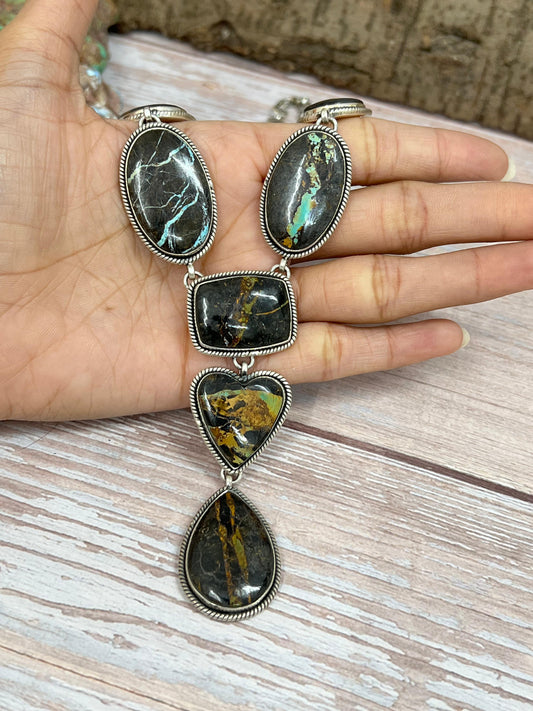 Handmade Sterling Silver Black Jack Necklace with Signed Nizhoni