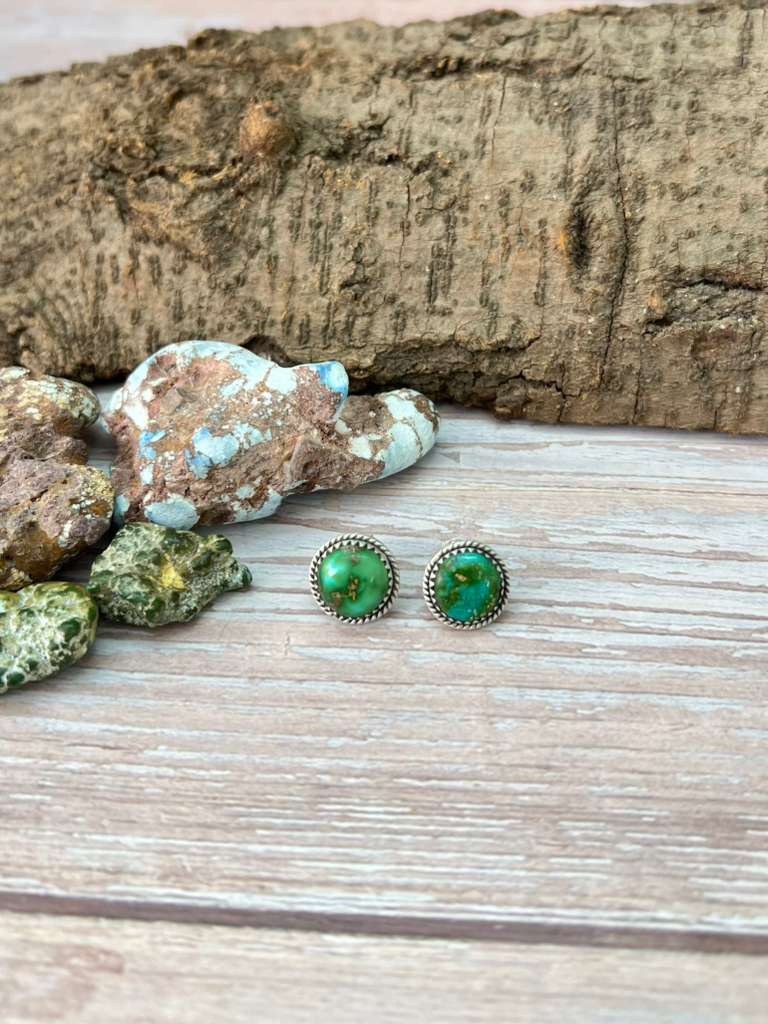 Handmade Sterling Silver Sonoran Mountain Turquoise Post Studs with Signed Nizhoni